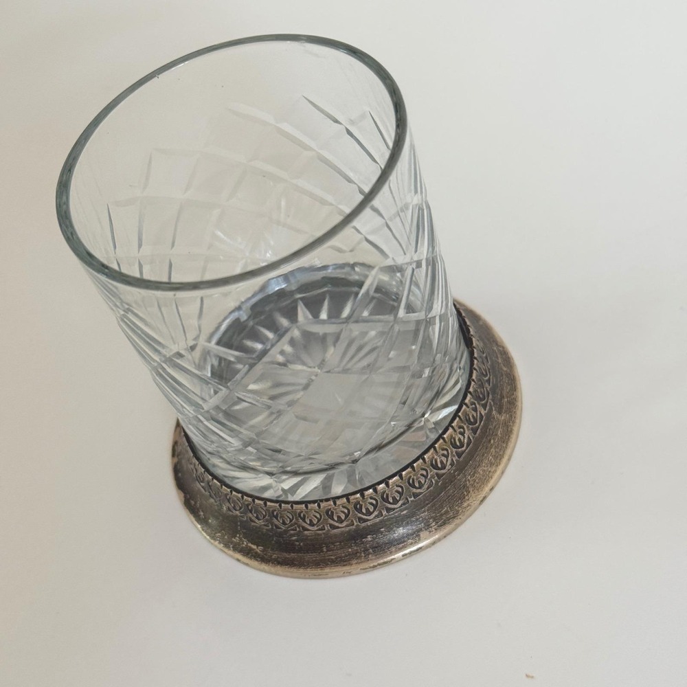 Vintage Cut Crystal Whiskey Glass Heavy Brass Base Diamond Lattice Tumbler - Picture 6 of 12